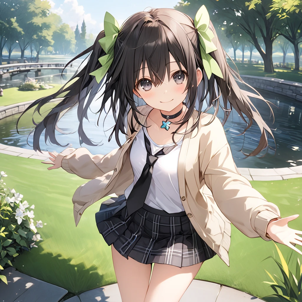 ( 1 girl),IF \(Neptunia )\, black hair, long hair, black eyes, green bow, ribbon, one side up,choker,smile、blush, (long sidelocks:1.5), ( small tits:1.5),(closed beige cardigan:1.5)、(Regular black tie :1.5)、( black plaid mini skirt:1.5),(Thighs:1.5),(Flying Pose:1.5),Park Walkway、In front of the pond:1.5、front、 Cowboy Shot 、( perfect anatomy ),( best quality), ( ultra hi-res), (超 high definition ), ( Highly Detailed CG), (32K), (masterpiece)、eyesHD