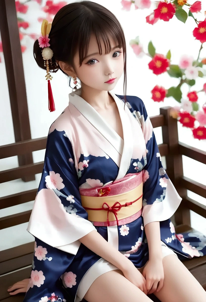 A close up of a woman in a kimono sitting on a bench, in kimono - SeaArt AI