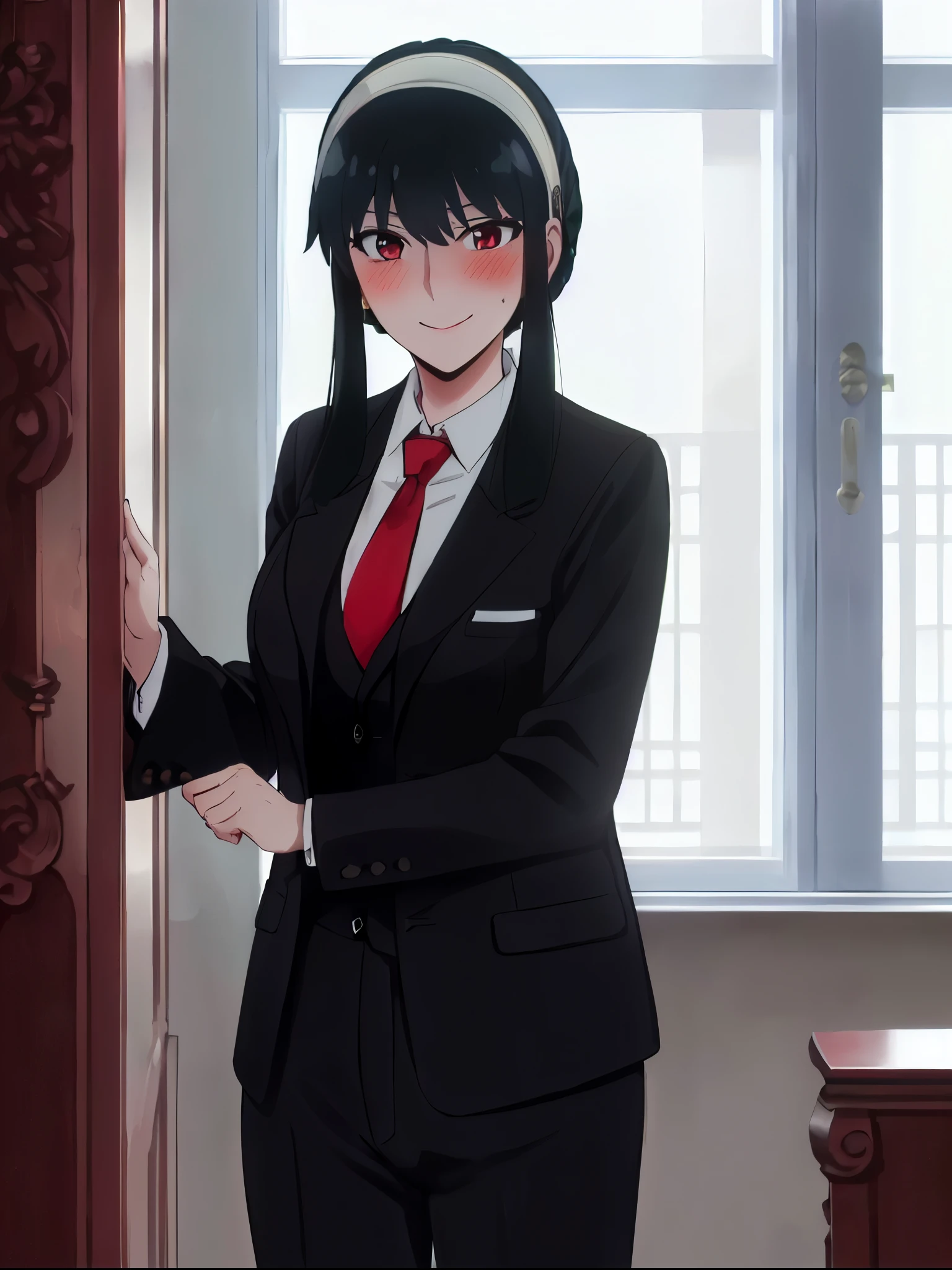 Yor Forger, ((masterpiece, best quality)), (((extremely detailed, intricate details, lush detail, insanely detailed face, beautiful red eyes, shiny skin, sharp eyes))), ((Indoors, dramatic shadows, vibrant colors, backlighting, depth of field, highlight, contrapposto)), (((solo, 1girl, shadow over face, shaded face, glowing red eyes))), ((black hair, medium breasts, hairband, hair ornament, woman in formal attractive suit tuxedo tailcoat standing in a large alcove in the room, 1girl, solo, necktie, black hair, , smile, jacket, looking at viewer, shirt, pants, blue necktie, collared shirt, white pants, white shirt, indoors, bangs, long sleeves, closed mouth, window, black jacket, blush, cowboy shot, formal, suit , badass , waltz dance with a female