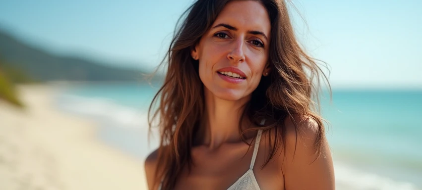 In a breathtaking full-length shot, a radiant 40-year-old (((Nordic))) woman stands on a beach, the ocean in the background. Her (((small, delicate breasts))) only add to her ethereal beauty, perfectly symmetrical alongside her bright features. She has long, wavy brown hair . Her facial features are symmetrical.natural and real, Facing the camera with confidence, she embodies an aura of (((timeless elegance))) and (((feminine allure))). The ((hyper-realistic photo)) captures her ((mature)) beauty in an artfully composed and captivating manner.
, Nikon ds 5300, 300mm Lens