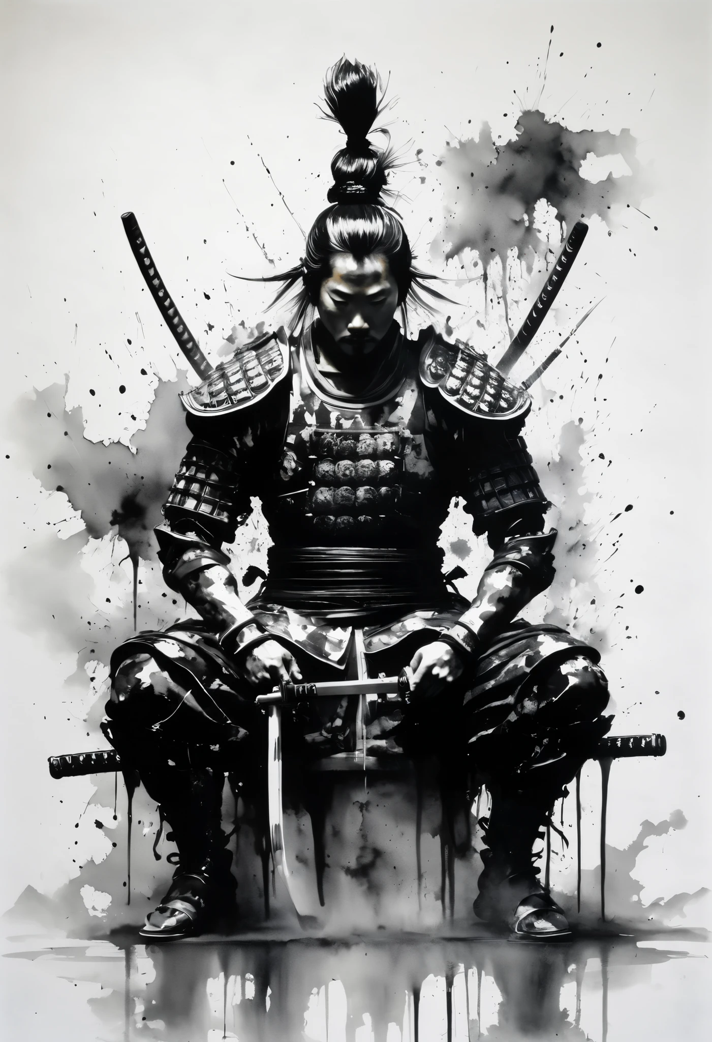Black and white painting,Ink Painting, splash, mamba hair, samurai armor , sitting on legs ,Facing forward,suicide by disembowelment,Seppuku,