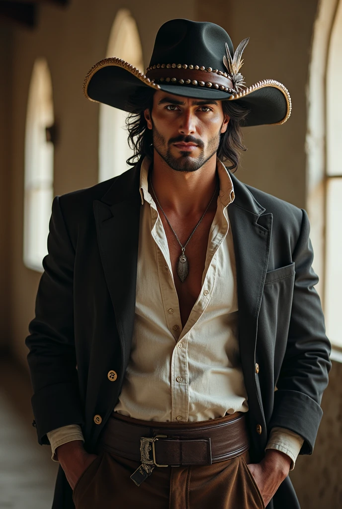 Tattooed male model shaved head pointy mustache, soul pach, blacked out tattoos, tall slim American revolutionery period coat, tricorne heat, on the boat in the harbor whid a crew of runaway black slaves, criminals and whores