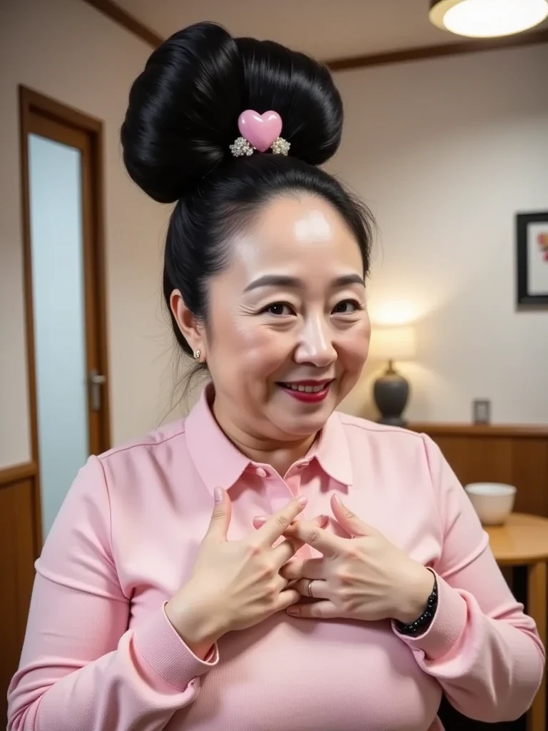 8k,Highest quality, masterpiece, Ultra-high resolution,(masterpiece:1.6, Highest quality), Intricate details, 1 female, Middle-aged woman in her 50s, japanese, full body, top of head,((heart hands:1.4)),((A gigantic hair bun, A huge hair bun:1.5)), ((jet Black Hair)) ,((forehead:1.5)), (( fat body, Fat face, Saggy face, crow's feet wrinkies:1.2)), ((huge breasts, gigantic breasts:1.5)), ((super Saggy breasts:1.5)), ((pale skin, shiny skin,make up, red lips)),(( mature woman with huge hairbun making heart mark with her hands,pink frill sweater , red frilly miniskirt , pink heart shaped hair ornament maid cafe :1.5))