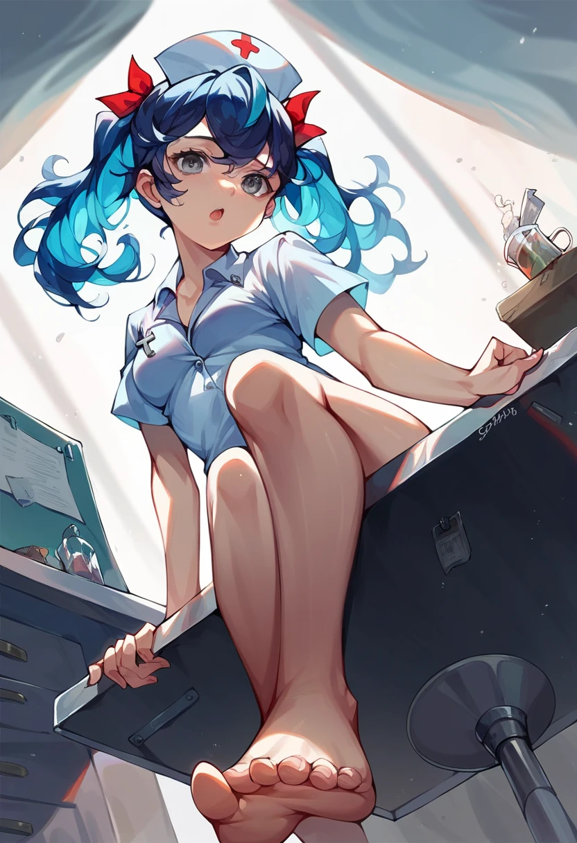 (Score _9,Score _8_climb,Score _7_climb,),uncensored,ww_, Camellia , alone,Blue hair,Gray eyes,Twintail,Multi-colored hair, is looking at the audience,hair ribbon,
sit,Cross over _leg,ถุงFeetสีlegว,Open your mouth,nurse cap,nurse,office,ไม่สวมรองFeet,from_ below ,Feet_Point of Interest