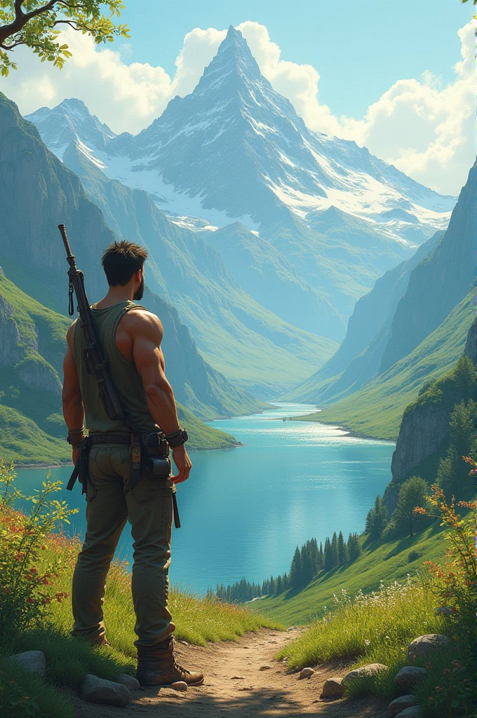 A man with a gun in his hand, Looking up the mountain, At the top of the mountain is, (beste-Qualit, 8K, 12), the perfect body, In the sky with a cloud of storms .