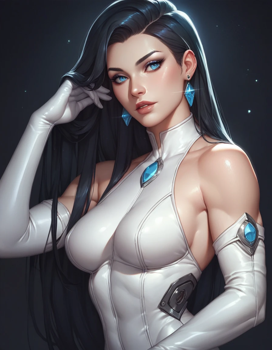 A russian female, with long dark (black) hair, blue eyes, pale (grey skin), (athletic), tall woman, (alluring fighter), (cute) martial-arts garb, (humanoid) alien, (Sci-fi) fantasy, (medium shot), perfect composition, hyper-detailed, 8K, high quality, (perfect eyes), trending art, sharp focus, studio photo, intricate details, (Pin-up) pose