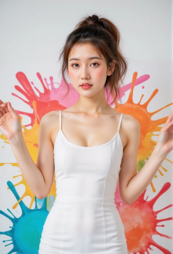 (solid background), ((thick acrylic pigment color splashes on a background and clothes, vivid colors of splash and thick paints):1.8), large crystal clear eyes, (high ponytail hair dyed with multiple vivid colors:1.6), (exquisite makeup, long eyelashes), (small fresh, wipe chest, perfect body, ************), (white tight dress:1.2), (Highest Image Quality, Masterpiece, Depth of Field), (lovely smile, excited),