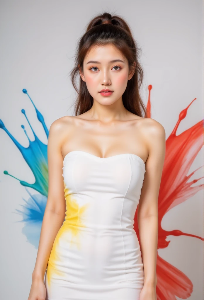 (solid background), ((thick acrylic pigment color splashes on a background and clothes, vivid colors of splash and thick paints):1.8), large crystal clear eyes, (high ponytail hair dyed with multiple vivid colors:1.6), (exquisite makeup, long eyelashes), (small fresh, wipe chest, perfect body, ************), (white tight dress:1.2), (Highest Image Quality, Masterpiece, Depth of Field), (lovely smile, excited),