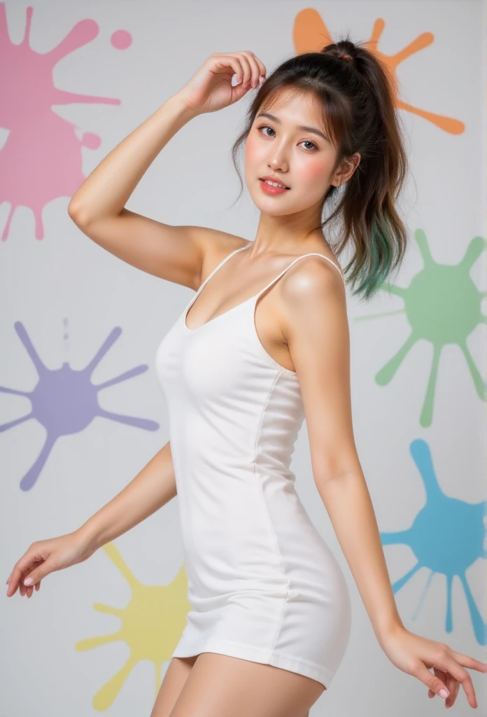 (solid background), ((thick acrylic pigment color splashes on a background and clothes, vivid colors of splash and thick paints):1.8), large crystal clear eyes, (high ponytail hair dyed with multiple vivid colors:1.6), (exquisite makeup, long eyelashes), (small fresh, wipe chest, perfect body, ************), (white tight dress:1.2), (Highest Image Quality, Masterpiece, Depth of Field), (lovely smile, excited),