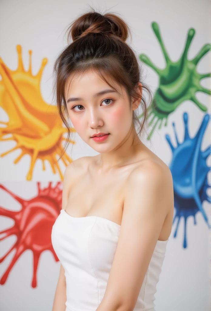 (solid background), ((thick acrylic pigment color splashes on a background and clothes, vivid colors of splash and thick paints):1.8), large crystal clear eyes, (high ponytail hair dyed with multiple vivid colors:1.6), (exquisite makeup, long eyelashes), (small fresh, wipe chest, perfect body, ************), (white tight dress:1.2), (Highest Image Quality, Masterpiece, Depth of Field), (lovely smile, excited),