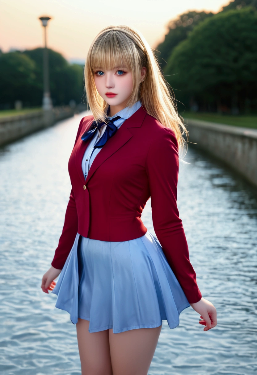 bmasterpiece、top-quality、hight resolution)、 Real life adaption for this character, Masterpiece, high quality, best lighting, cinematic, 1girl, Kei Karuizawa, blonde hair, (perfect body), A red blazer, light blue dress shirt, short white skirt, light blue calf-length socks, and a blue ribbon around her collar. In more casual settings, she may wrap the blazer around her waist and roll up the sleeves of her dress shirt looking at viewer, standing, outdoors