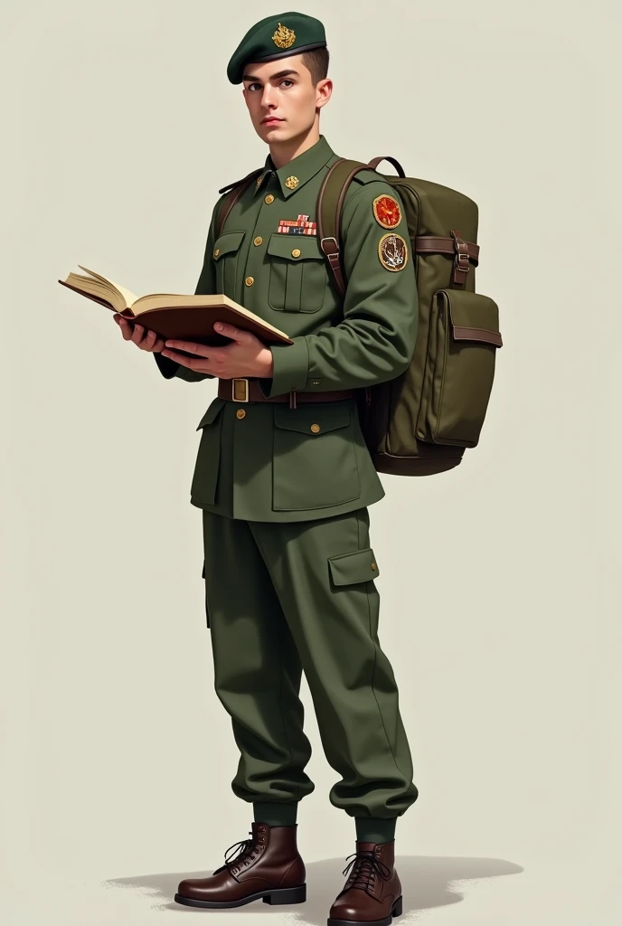A modern soldier holding in his hands an old book injuring on the art of war afflicted with long beards up to the knee
