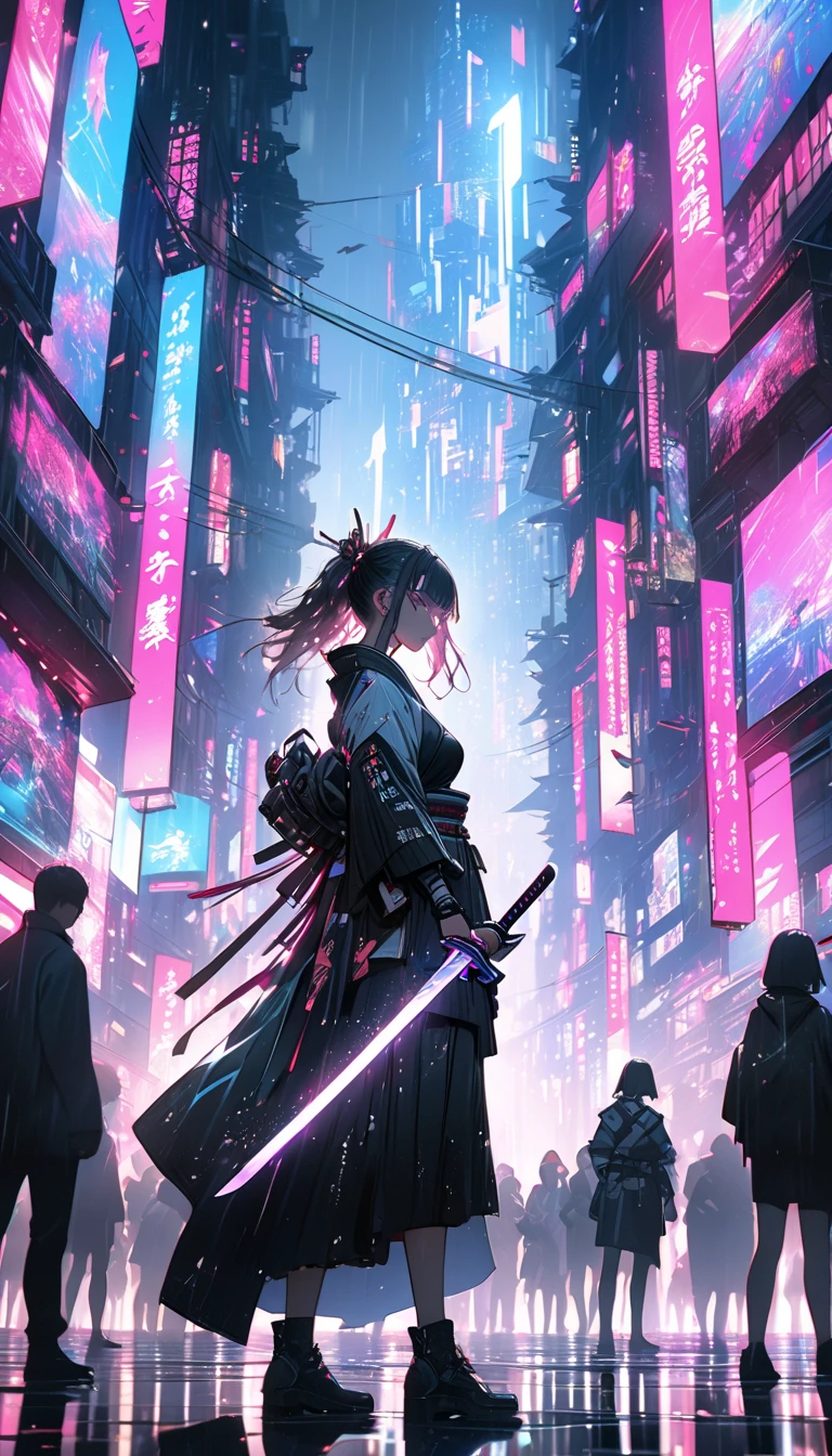   Cyberpunk-inspired scene with a lonely, futuristic female samurai  .   Characters wield a glowing sword that emits blue plasma light  ,  , and armor that combines stylish, modern technology with traditional samurai patterns will be introduced.  and the crowd of ,   The city shines bright pink when illuminated by neon  ,  Purple , and Blue.   Skyline Flying objects are scattered, vehicles and towering holograms  .   The dramatic lighting of the scene accentuates the misty mix  , spark,   and Reflections on Wet Surfaces  ,   Tension and Mysterious  .   negative image  :  Overly Dark Colors  ,  Crowded Composition  ,   Unclear Character Features  .