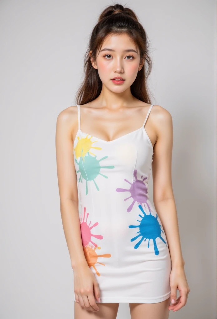 (solid background), ((thick acrylic pigment color splashes on a background and clothes, vivid colors of splash and thick paints):1.8), large crystal clear eyes, (high ponytail hair dyed with multiple vivid colors:1.6), (exquisite makeup, long eyelashes), (small fresh, wipe chest, perfect body, ************), (white tight dress:1.2), (Highest Image Quality, Masterpiece, Depth of Field), (lovely smile, excited),