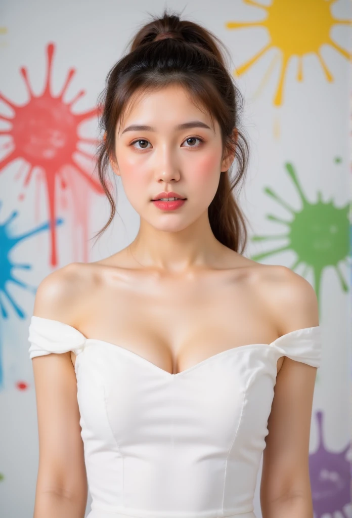 (solid background), ((thick acrylic pigment color splashes on a background and clothes, vivid colors of splash and thick paints):1.8), large crystal clear eyes, (high ponytail hair dyed with multiple vivid colors:1.6), (exquisite makeup, long eyelashes), (small fresh, wipe chest, perfect body, ************), (white tight dress:1.2), (Highest Image Quality, Masterpiece, Depth of Field), (lovely smile, excited),