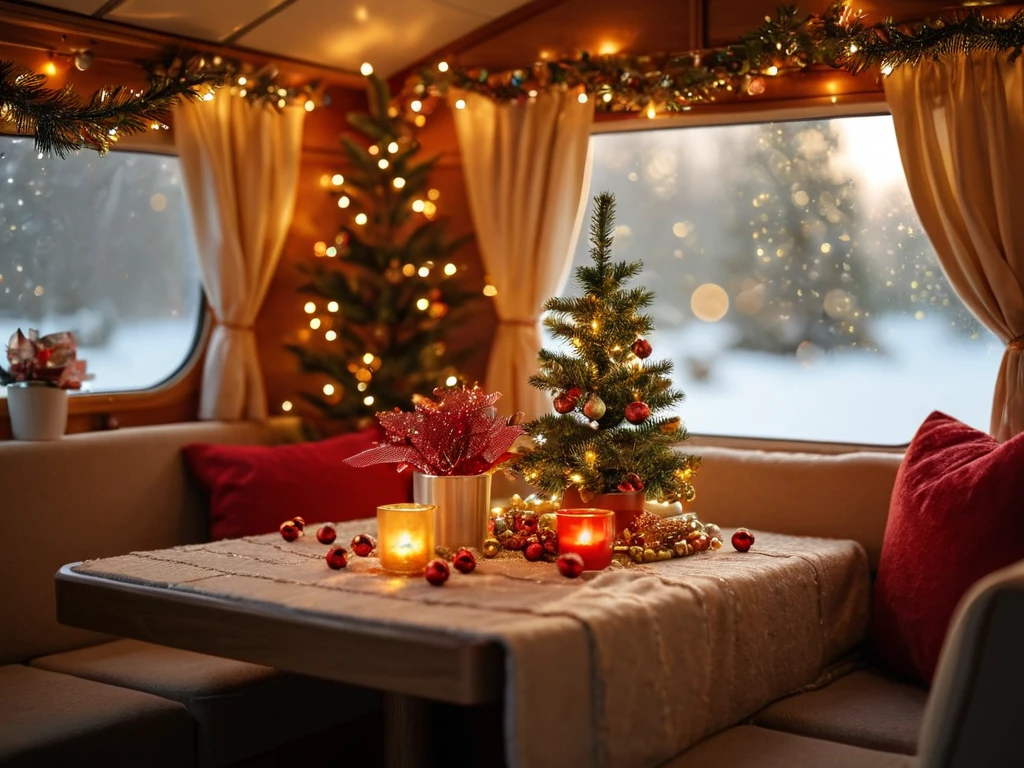 Christmas in a caravan. small christmas tree with twinkling lights in the corner, strings of tinsel across the windows, floral decoration on the table