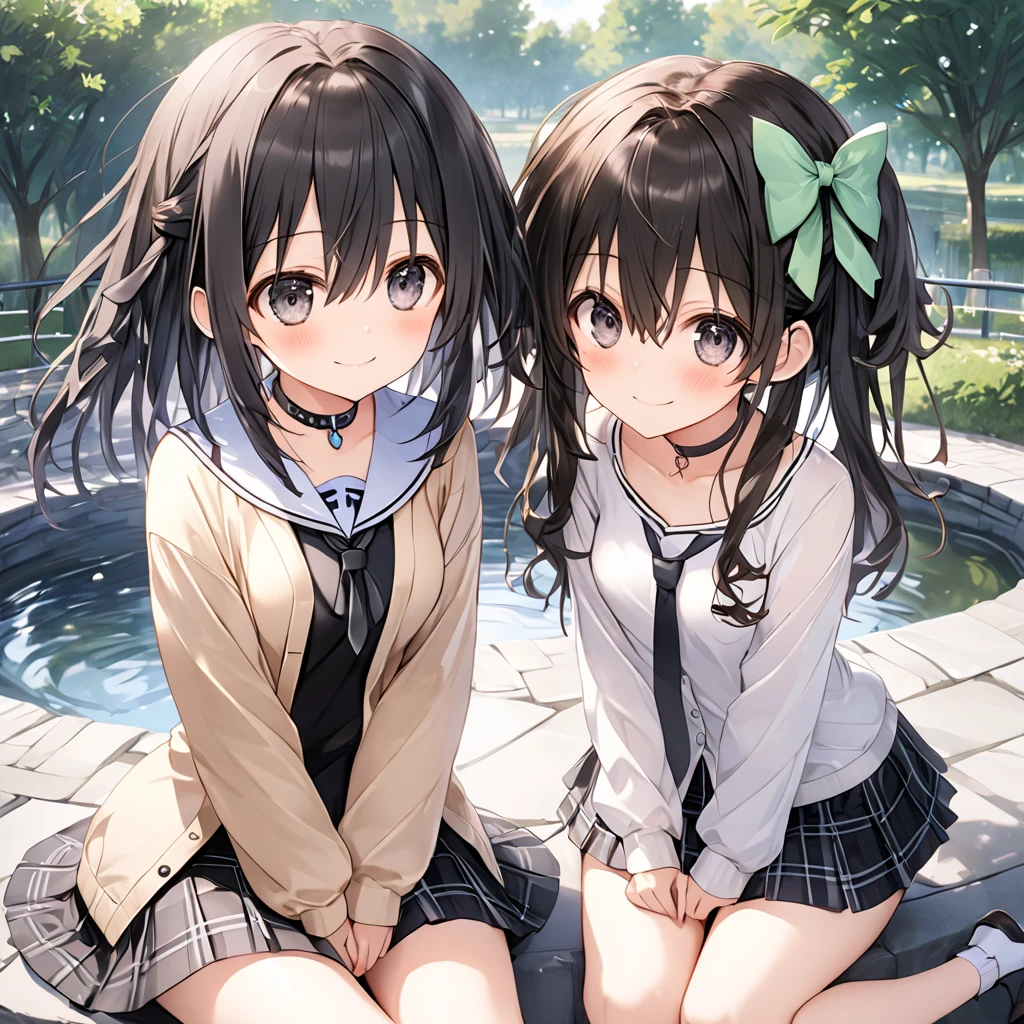 ( 2 girls),Park Walkway、In front of the pond:1.5、front、 Cowboy Shot 、break,IF \(Neptunia )\, black hair, long hair, black eyes, green bow, ribbon, one side up,choker,smile、blush, (long sidelocks:1.5), ( small tits:1.5),(closed beige cardigan:1.5)、(Regular black tie :1.5)、( black plaid mini skirt:1.5),(Thighs:1.5),break,IF \(Neptunia )\, black hair, black eyes, embarrassed face、blush、short hair, (long sidelocks:1.5), ( small tits:1.5),(closed beige cardigan:1.5)、(Regular black tie :1.5)、( black plaid mini skirt:1.5),(Thighs:1.5),( perfect anatomy ),( best quality), ( ultra hi-res), (超 high definition ), ( Highly Detailed CG), (32K), (masterpiece)、eyesHD