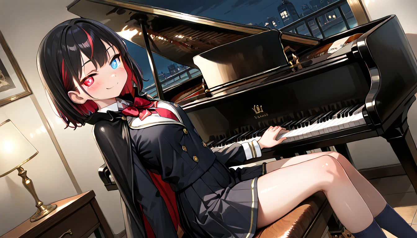 ((top quality)),((masterpiece)),((perfect face)),(ultra-detailed),ultra high res, 8k, 1girl, solo, streaked hair, glowing eyes, sitting, heterochromia, smug smile, dynamic angle, school uniform, night, cape, grand piano, playing piano, anime style, exquisite, (very aesthetic:1.2), (absurdres:1.2), (detailed background),newest, perfect anatomy,