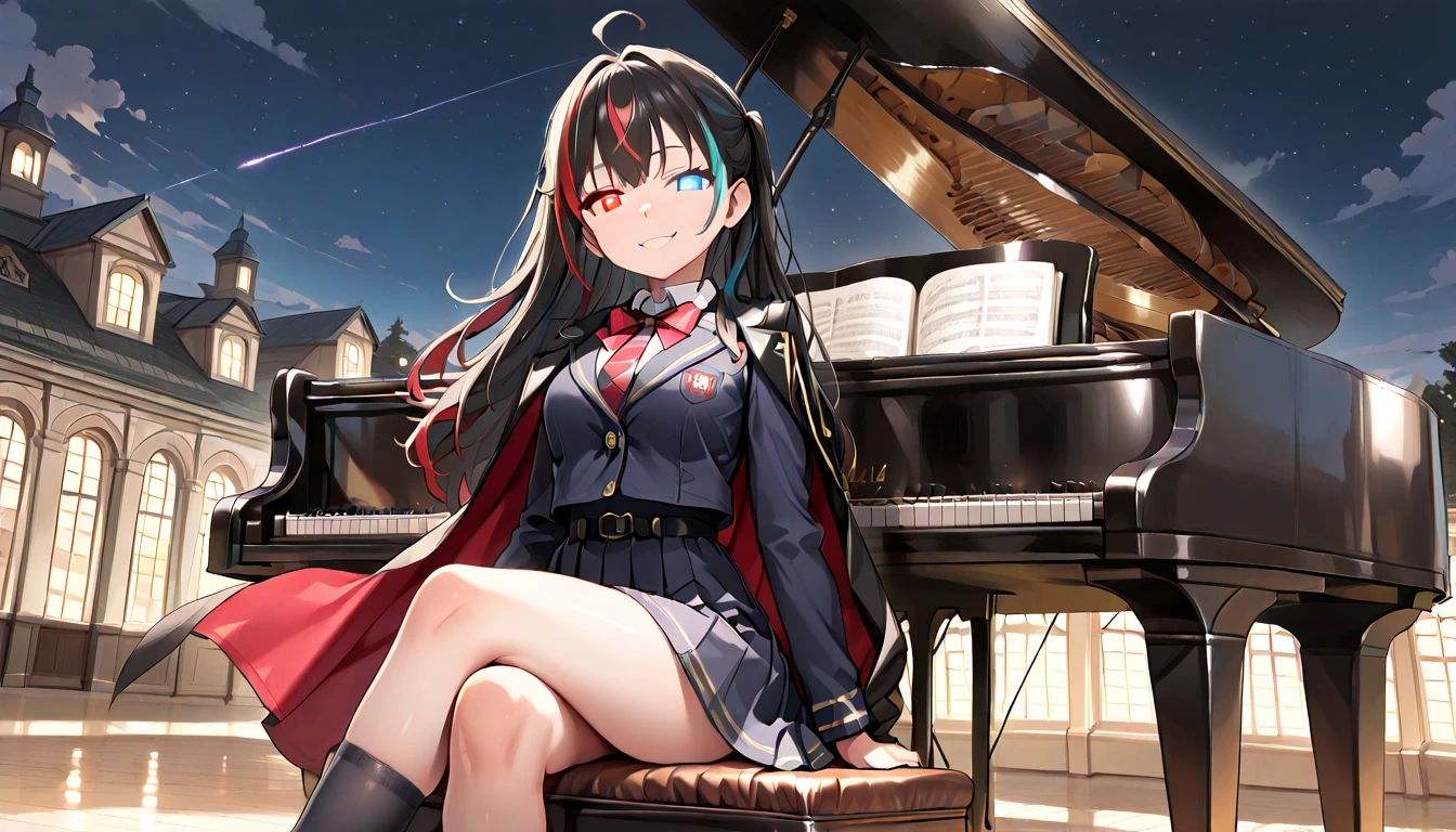 ((top quality)),((masterpiece)),((perfect face)),(ultra-detailed),ultra high res, 8k, 1girl, solo, streaked hair, glowing eyes, sitting, heterochromia, smug smile, dynamic angle, school uniform, night, cape, grand piano, playing piano, anime style, exquisite, (very aesthetic:1.2), (absurdres:1.2), (detailed background),newest, perfect anatomy,