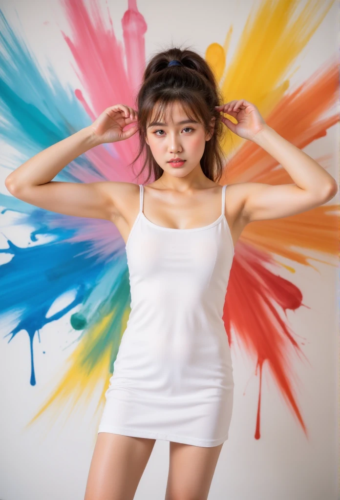 (solid background), ((thick acrylic pigment color splashes on a background and clothes, vivid colors of splash and thick paints):1.8), large crystal clear eyes, (high ponytail hair dyed with multiple vivid colors:1.6), (exquisite makeup, long eyelashes), (small fresh, wipe chest, perfect body, ************), (white tight dress:1.2), (Highest Image Quality, Masterpiece, Depth of Field), (lovely smile, excited),