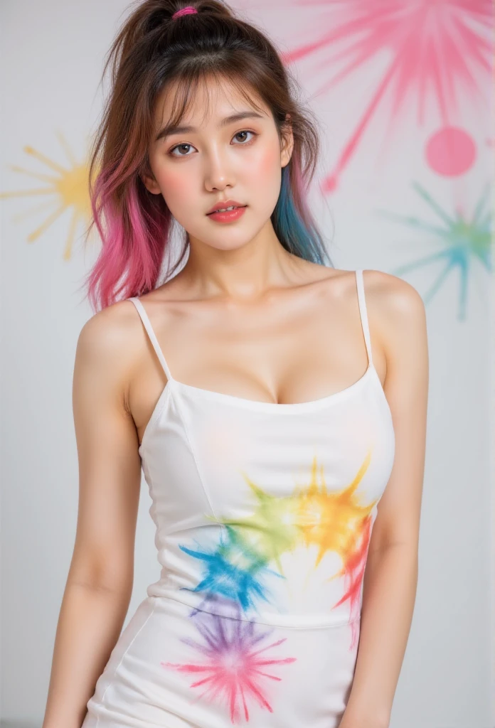 (solid background), ((thick acrylic pigment color splashes on a background and clothes, vivid colors of splash and thick paints):1.8), large crystal clear eyes, (high ponytail hair dyed with multiple vivid colors:1.6), (exquisite makeup, long eyelashes), (small fresh, wipe chest, perfect body, ************), (white tight dress:1.2), (Highest Image Quality, Masterpiece, Depth of Field), (lovely smile, excited),