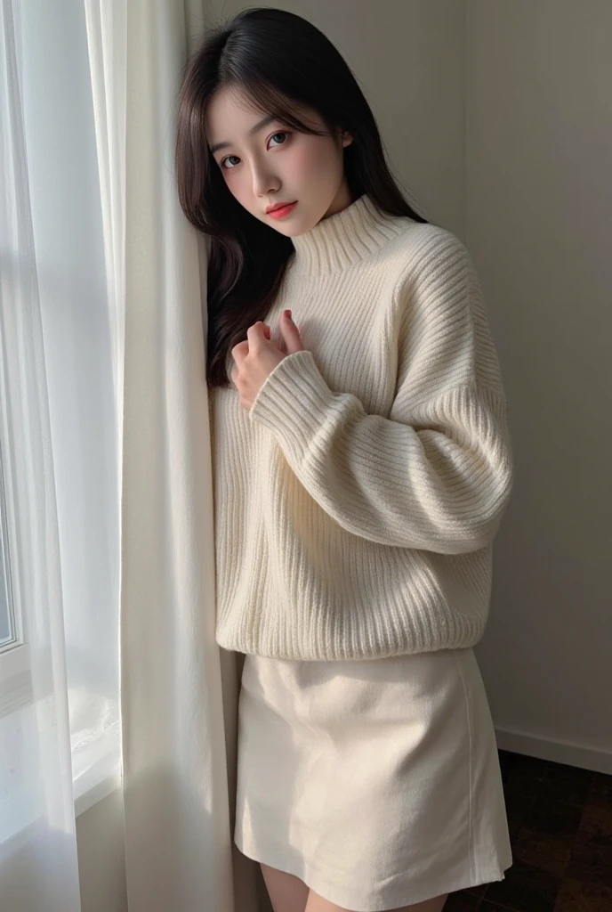 A Japanese lady, skinny figure, small breasts, extremely thin waist, beautiful face, beautiful eyes, natural make up, black hair, knit sweater, skirt, 1girl in, solo, detailed face and eyes, detailed fingers and arms. upper-body photo. Realistic, Photorealistic.