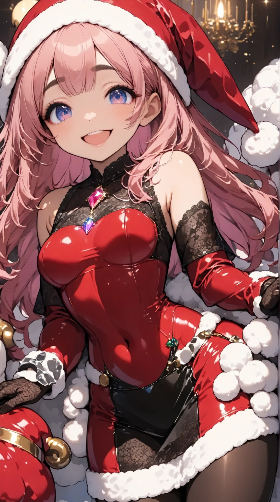  1 pretty girl,(masterpiece:1.3, top quality:1.3, very detailed depiction:1.3, incredible high resolution:1.3,High quality anime drawings),( pink hair, fluffy hair ,sheep毛のような髪の毛,Detailed eyes,Thick eyebrows, happy smiles, small breasts),( red latex Santa Claus costume, pencil skirt, bodystocking ,Santa hat,black lace gloves, luxury accessories ,A mysteriously shining jewel, black tights),grassland,sheep,