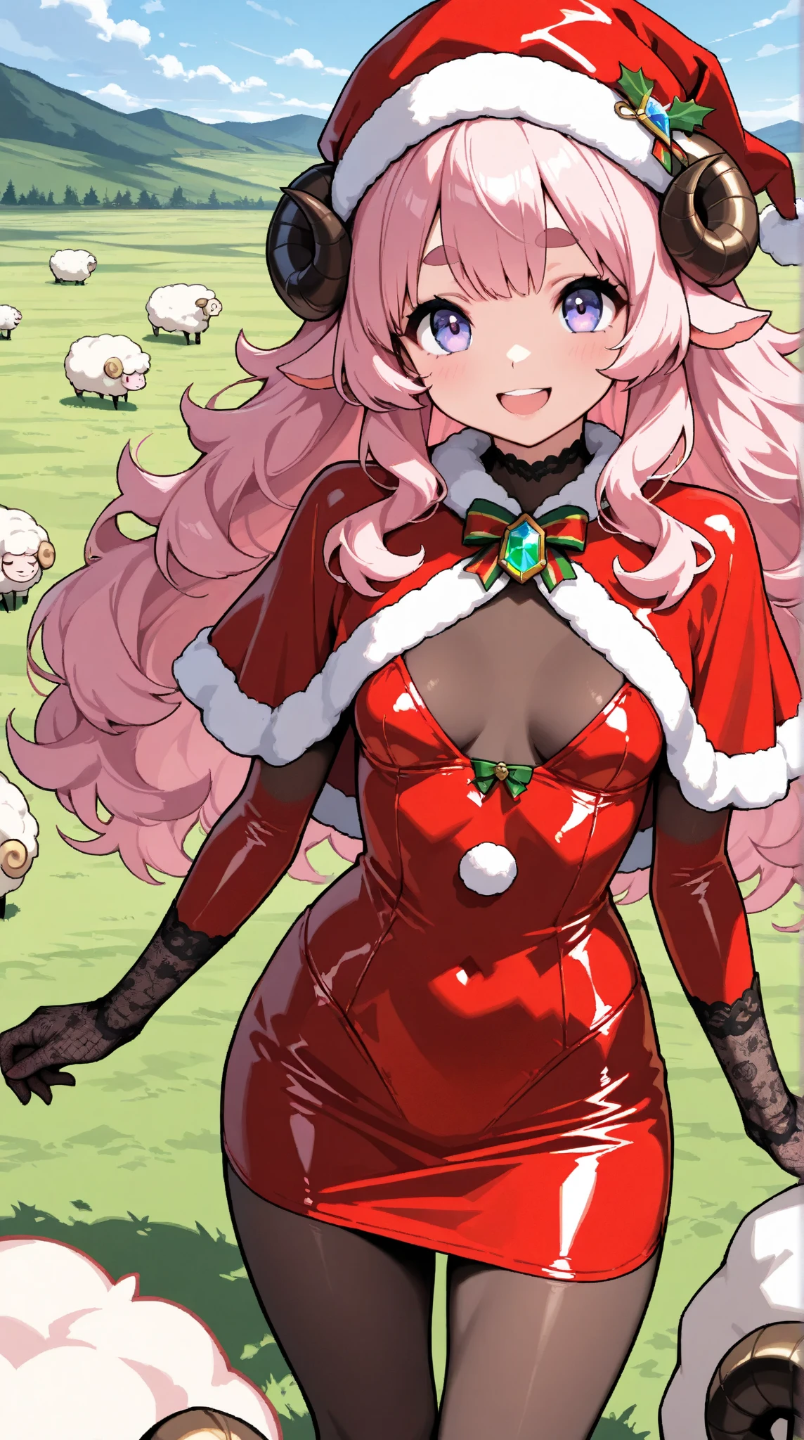  1 pretty girl,(masterpiece:1.3, top quality:1.3, very detailed depiction:1.3, incredible high resolution:1.3,High quality anime drawings),( pink hair, fluffy hair ,sheep毛のような髪の毛,Detailed eyes,Thick eyebrows, happy smiles, small breasts),( red latex Santa Claus costume, pencil skirt, bodystocking ,Santa hat,black lace gloves, luxury accessories ,A mysteriously shining jewel, black tights),grassland,sheep,