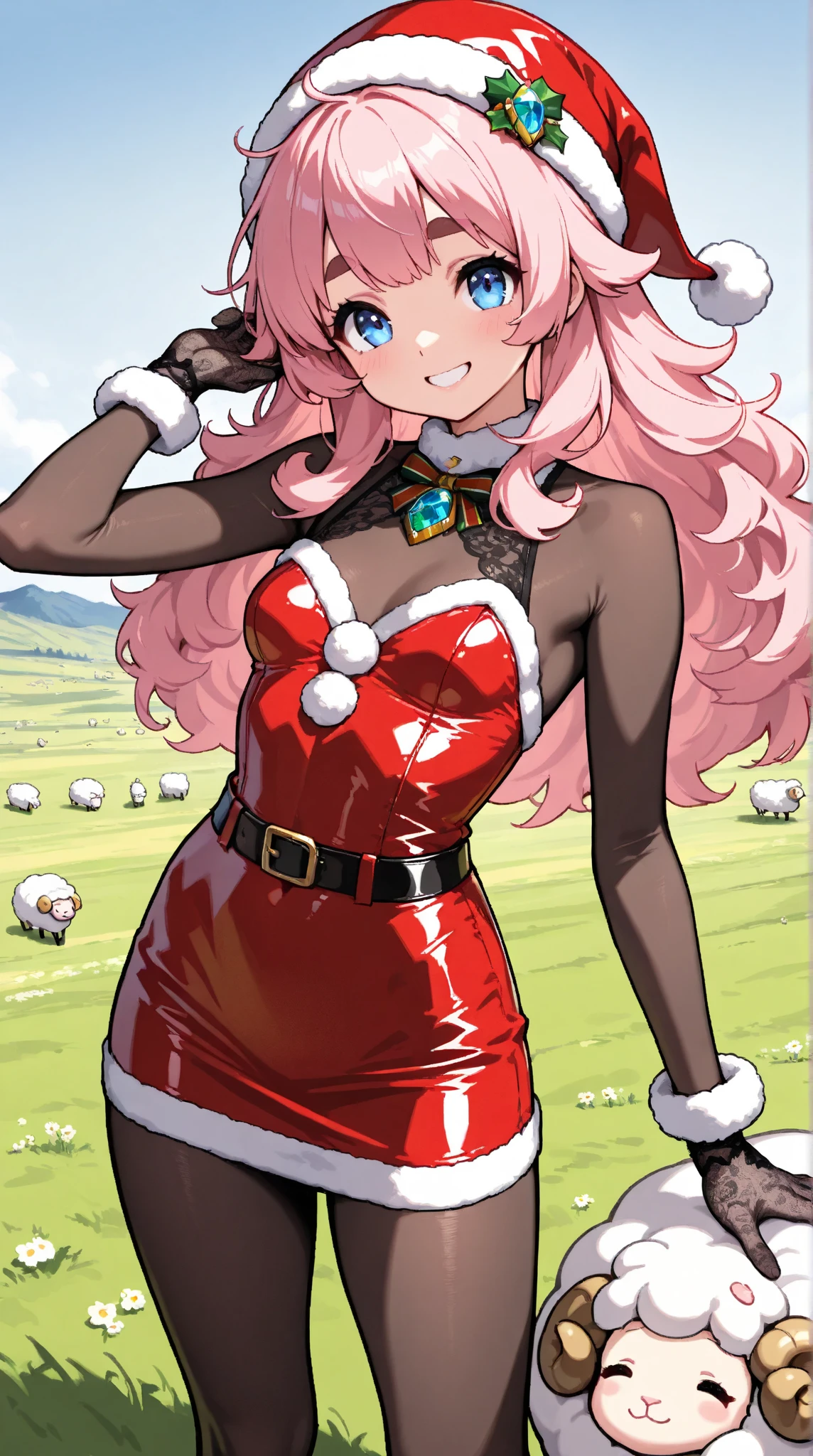  1 pretty girl,(masterpiece:1.3, top quality:1.3, very detailed depiction:1.3, incredible high resolution:1.3,High quality anime drawings),( pink hair, fluffy hair ,sheep毛のような髪の毛,Detailed eyes,Thick eyebrows, happy smiles, small breasts),( red latex Santa Claus costume, pencil skirt, bodystocking ,Santa hat,black lace gloves, luxury accessories ,A mysteriously shining jewel, black tights),grassland,sheep,