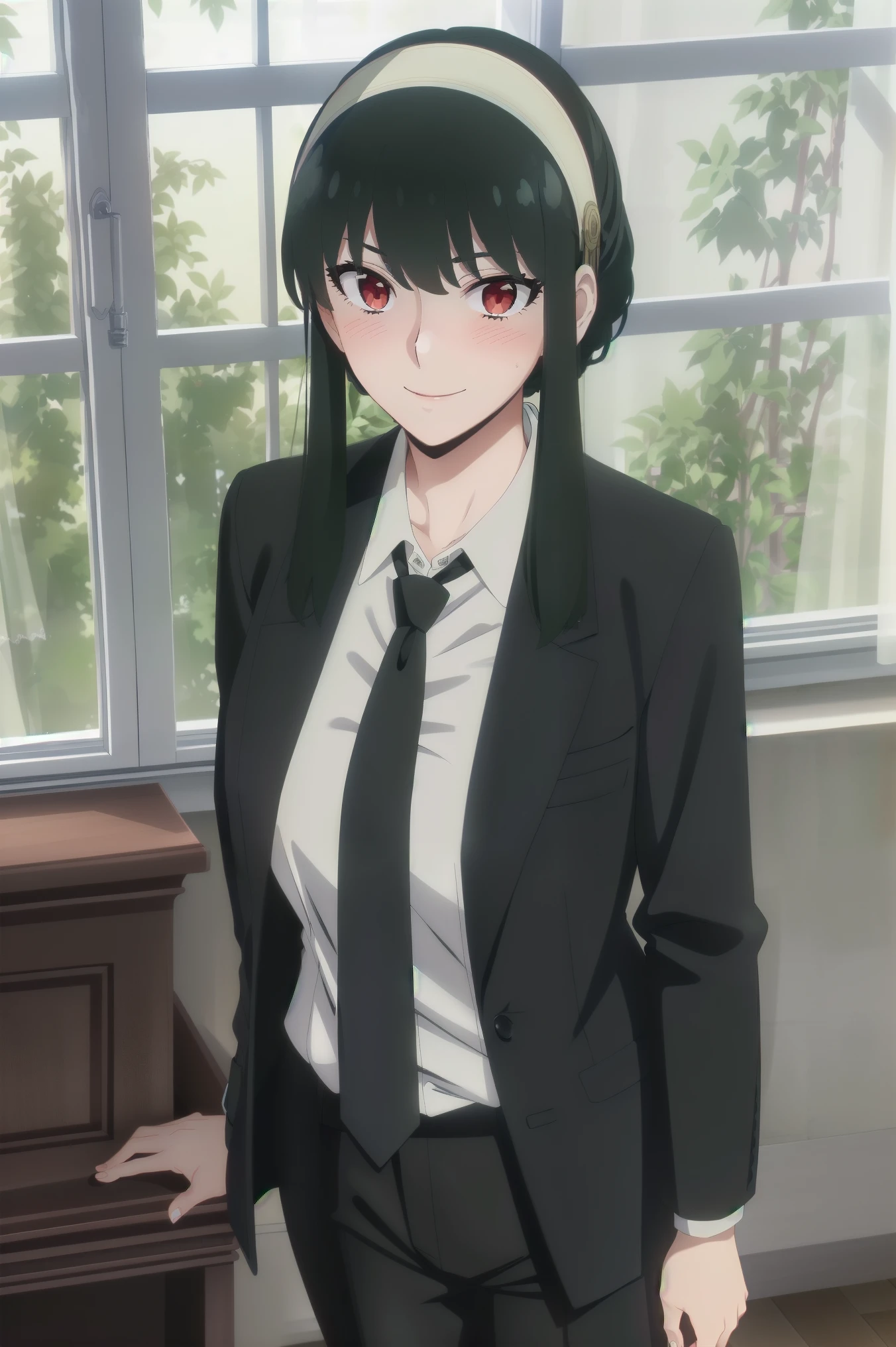 Yor Forger, ((masterpiece, best quality)), (((extremely detailed, intricate details, lush detail, insanely detailed face, beautiful red eyes, shiny skin, sharp eyes))), ((Indoors, dramatic shadows, vibrant colors, backlighting, depth of field, highlight, contrapposto)), (((solo, 1girl, shadow over face, shaded face, glowing red eyes))), ((black hair, medium breasts, hairband, hair ornament, woman in formal attractive suit tuxedo tailcoat standing in a large alcove in the room, 1girl, solo, necktie, black hair, , smile, jacket, looking at viewer, shirt, pants, blue necktie, collared shirt, white pants, white shirt, indoors, bangs, long sleeves, closed mouth, window, black jacket, blush, cowboy shot, formal, suit , badass