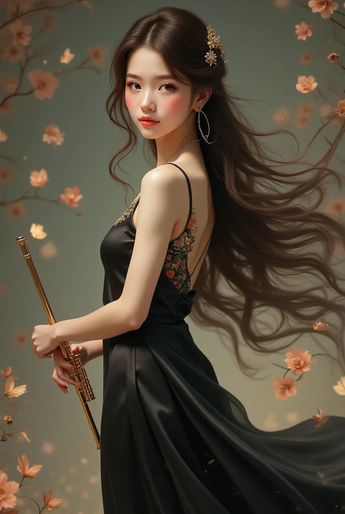 cute Japanese woman in her 20s, long brown hair, golden flute, elegant pose, wearing a stunning black satin gown, dramatic mermaid silhouette, intricate details, standing gracefully, artistic and confident, studio setting, soft lighting, refined atmosphere, beautiful and youthful features, delicate earrings, serene expression, professional musician, flowing dress, culturally inspired beauty