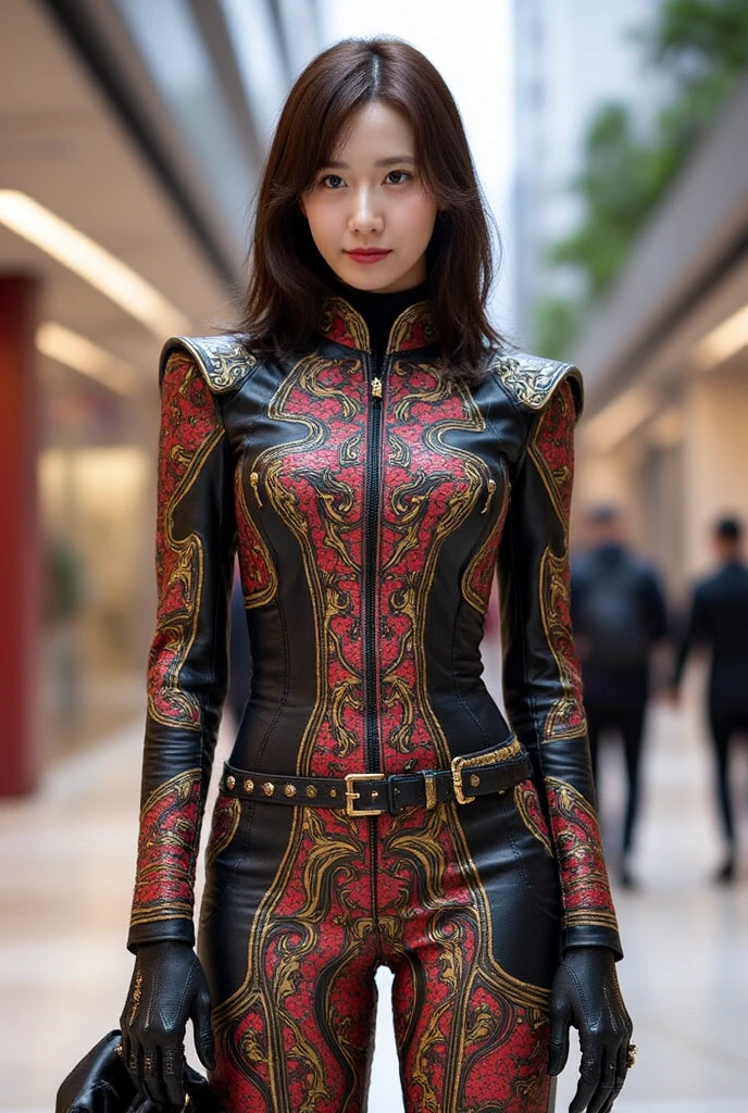 An Indonesian-styled futuristic suit worn by a girl depicting cultural fusion and modern fashion. The suit is adorned with intricate patterns and vibrant colors, showcasing the rich heritage of Indonesia. The girl stands confidently in a dynamic pose, with her detailed eyes reflecting determination and curiosity. The suit's material is a combination of traditional textiles and futuristic synthetic fabrics, giving it a unique and avant-garde appearance. The overall image quality is of the highest standard, with sharp focus and ultra-detailed rendering. The artwork employs physically-based rendering techniques, resulting in realistic lighting and shadows. The colors are vivid and vibrant, capturing the essence of Indonesian cultural aesthetics. The background features a fusion of modern architecture and traditional elements, creating a harmonious blend of the past and the future. The prompt explores the intersection of Indonesian culture, futuristic design, and the artistic representation of a confident girl.