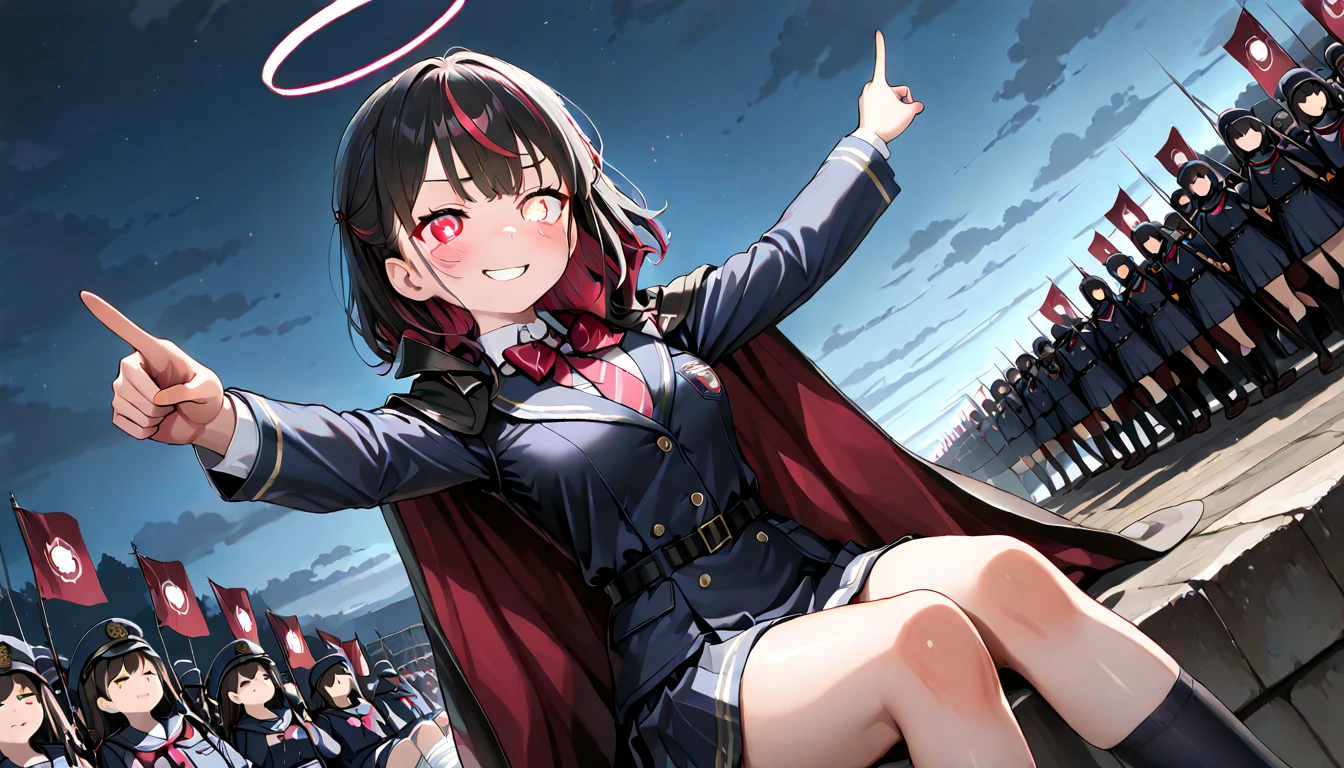 ((top quality)),((masterpiece)),((perfect face)),(ultra-detailed),ultra high res, 8k, 1girl, streaked hair, glowing eyes, sitting, heterochromia, smug smile, dynamic angle, school uniform, night, cape,  hands raised, pointing, army, (very aesthetic:1.2), (absurdres:1.2), (detailed background),newest, perfect anatomy,