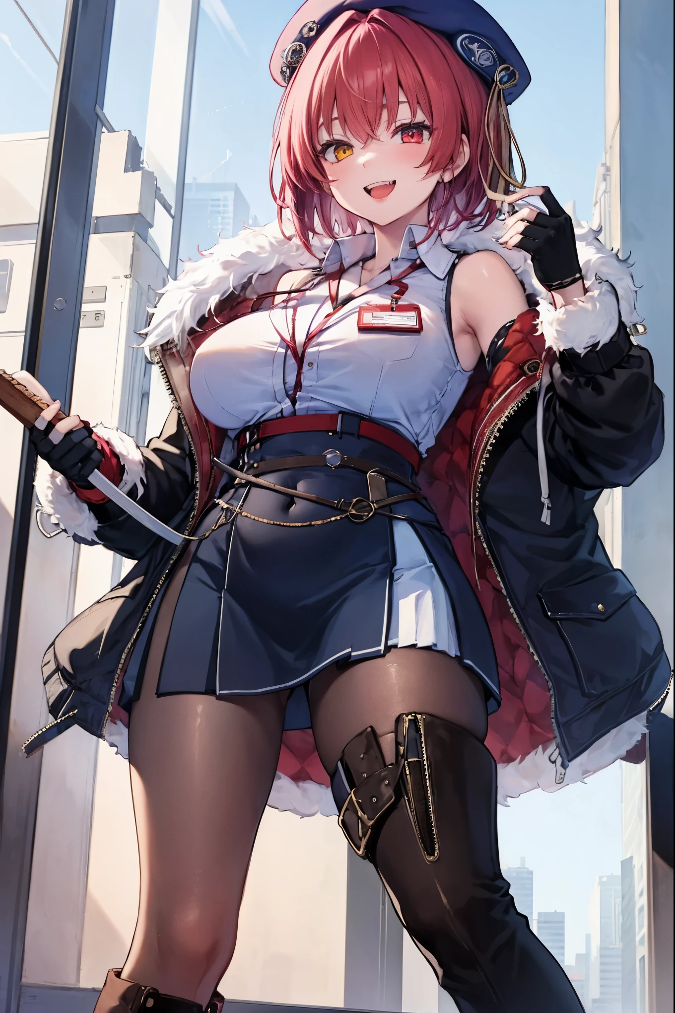 ((Masterpiece)), (Best Quality), marine_beret, Collared_White_Shirt, Sleeveless, High-waisted Skirt, Pantyhose, Blue Jacket, Fur Embellishment, Fingerless Gloves, ID Card, Solo,marine_officer,, black pantyhose, black gloves, thigh boots, beret,houshou_marine,heterochromia, red eyes, orange eyes,open_mouth,big_smile,evil_smile,fang,large_breasts,,office_landscape,red_short_hair,(plump:0.7),open_mouth,tongue, slouch,,grin,evil,