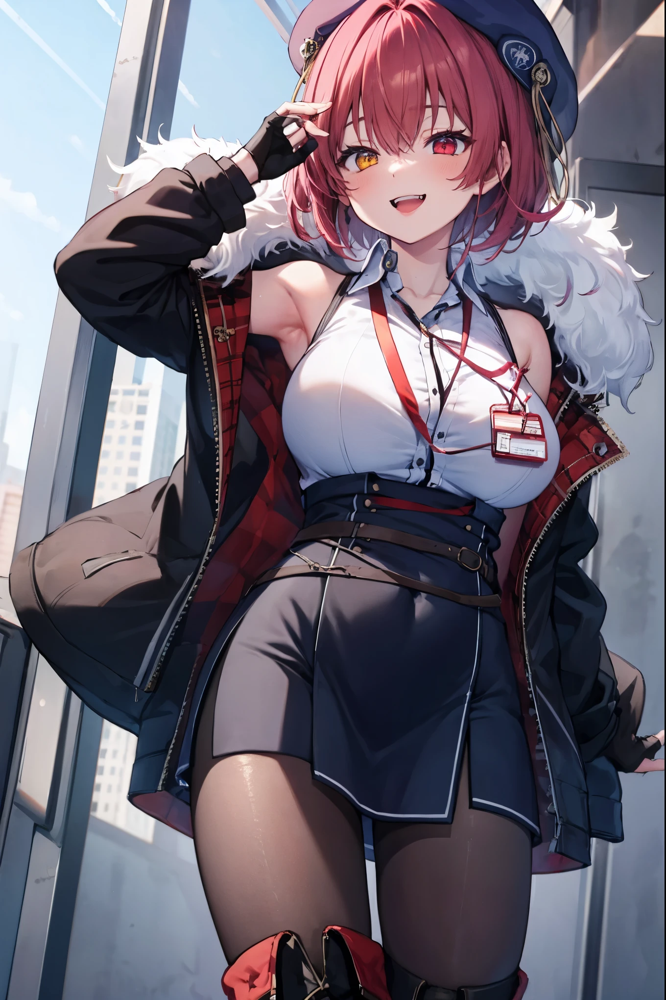 ((Masterpiece)), (Best Quality), marine_beret, Collared_White_Shirt, Sleeveless, High-waisted Skirt, Pantyhose, Blue Jacket, Fur Embellishment, Fingerless Gloves, ID Card, Solo,marine_officer,, black pantyhose, black gloves, thigh boots, beret,houshou_marine,heterochromia, red eyes, orange eyes,open_mouth,big_smile,evil_smile,fang,large_breasts,,office_landscape,red_short_hair,(plump:0.7),open_mouth,tongue, slouch,,grin,evil,