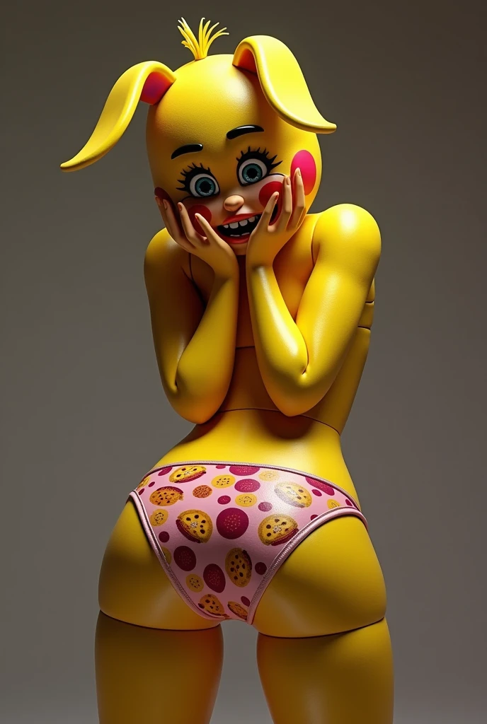 Ms. Pacman (hot nude woman, some yellow body paint, hair up in a pink bow) Is navigating a maze of a home to reach the bedroom. Lewd poses, open legs, sucking on her tits, pacman themed decorations
