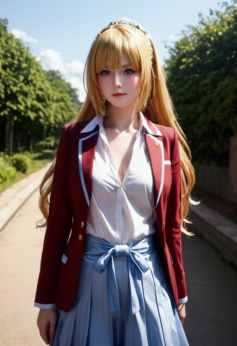 bmasterpiece、top-quality、hight resolution)、 Real life adaption for this character, Masterpiece, high quality, best lighting, cinematic, 1girl, Kei Karuizawa, blonde hair, (perfect body), A red blazer, light blue dress shirt, short white skirt, light blue calf-length socks, and a blue ribbon around her collar. In more casual settings, she may wrap the blazer around her waist and roll up the sleeves of her dress shirt looking at viewer, standing, outdoors