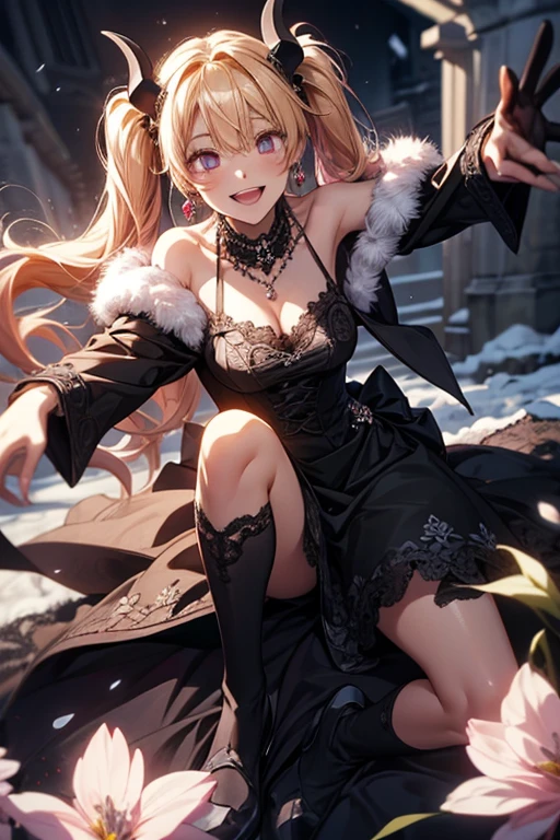 animetoreal,soft light, masterpiece, best quality,realistic,photorealistic,1girl,,konjiki_no_yami(to_love-ru), to_love-ru,1girl, blonde_hair, long_hair, two_side_up, red_eyes, small_breasts, black_shirt, black_skirt, black_sleeves, Four-pointed_star_cleavage_cutout, detached_sleeves,long_sleeves, thigh_strap, tsurime,wide_sleeves,bare_shoulders,shushing, silence gesture,wink,one eye closed, smile, grin,finger_to_mouth,,snow land,floating_hair