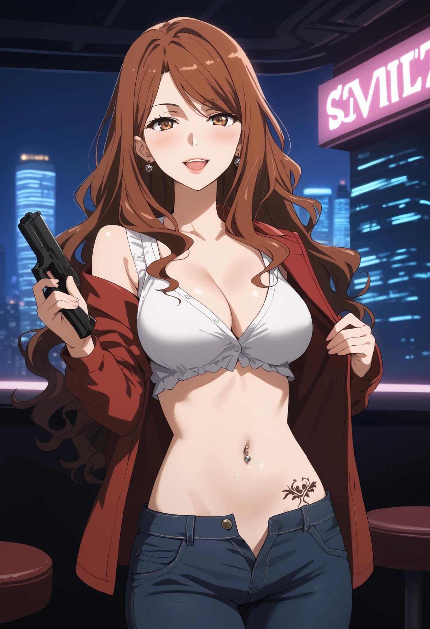 mugino shizuri, long hair, wavy hair, brown hair, brown eyes,  source_anime, medium breasts,  1girl, solo, ear piercing, long hair, blush, lipstick,Hot girl, baddie, smoking, sensual, attractive, large breasts,  , cityscape, , nightclub, , city lights,,bar background, inside bar,indoors,masterpiece,high quality,4k, bare
shoulder,belly,crop top,holding pistol,cleavage, unbuttoned shirt,shirt, knot, indoor,smile, open
mouth, (nsfw) not safe for work, evil expression, exposed belly, exposed navel, exposed midriff,
exposed lower belly, crop top overhang, underboob,jacket, unbuttoned jeans , low rise black jeans,
Low rise jeans, Low rise jeans with open fly,,, tattoo on body, tattoo midriff, rose tattoo, shiny skin, navel piercing