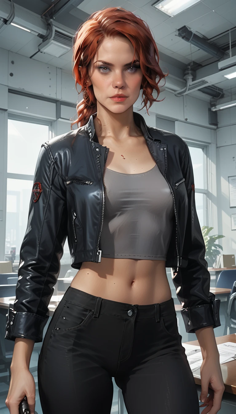 Score_9, score_8_up, score_7_up, source_real, realistic, photorealistic, 1girl, (Courtney Hope), (Jesse Faden) from "CONTROL", (bright blue eyes), red hair, in low loose ponytail, fitted 3/4 cropped black jacket, tight grey shirt, erect nipples, skin-tight black pants, holding, "Service Weapon", facing viewer, (dynamic action poses:1.37), (interior of vintage office:1.3), (white brutalist architecture), ultra-detailed, highly detailed, J3sse