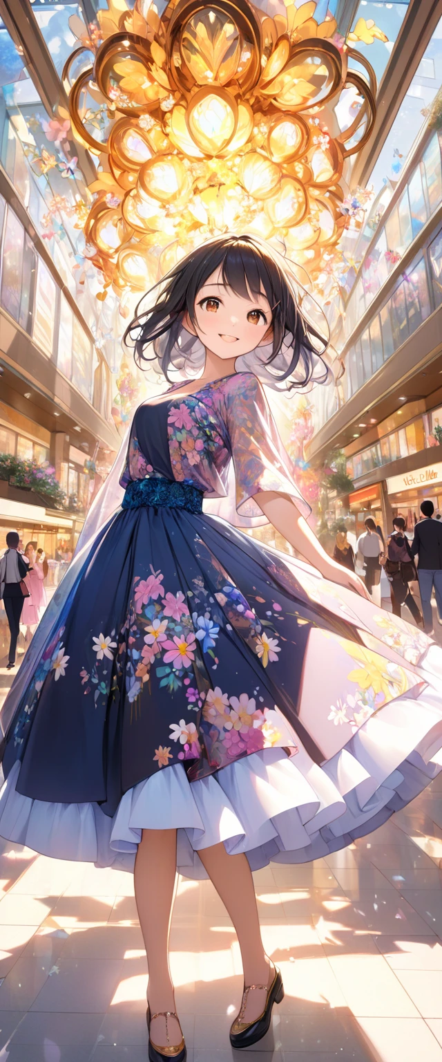 Title: "Euphoric Blossoms: A Glimpse of Joy" Subtitle: "Exploring the Radiance of Youthful Bliss Amidst Urban Serenity" In the heart of a bustling shopping mall, a young girl stands amidst the vibrant energy of the surrounding environment. Her expression radiates pure happiness, a beacon of joy amidst the chaos of consumerism. The scene captures a moment of serenity and contentment, offering a glimpse into the inner world of a soul untouched by the frenetic pace of modern life. The girl's features reflect a sense of innocence and youth, her eyes sparkling with a light that speaks of untold dreams and aspirations. Her short black hair frames her face elegantly, accentuating her youthful charm. The subtle bangs fall delicately over her brow, adding a touch of whimsy to her appearance. Her brown eyes hold a depth of emotion, inviting the viewer to peer into the depths of her soul. Adorned in a flower print blouse, the girl embodies a sense of natural beauty and grace. The delicate blossoms that adorn her top seem to bloom with a life of their own, adding a touch of whimsical charm to her ensemble. The dark blue gathered skirt cascades around her, its rich hue contrasting beautifully with the soft pastels of the floral pattern. The ensemble is a harmonious blend of urban chic and natural elegance, a fusion of styles that speaks to the duality of the modern experience. As the girl gazes at the viewer with a happy expression, her big breasts and gentle cleavage add a sense of allure and femininity to the scene. Her confidence is evident in the way she carries herself, a testament to her inner strength and resilience. The shopping mall background fades into the distance, a blur of colors and shapes that serve as a backdrop to the central figure of the girl. Despite the chaos that surrounds her, she remains a beacon of light, a symbol of hope and joy in a world that often feels cold and impersonal. Authored by kyo8sai, this magnificent creation stands as a testament to the 