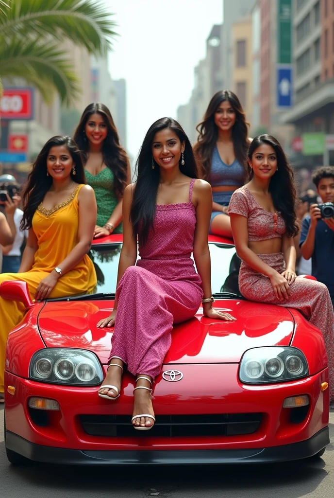 "A vibrant and confident young Indian woman exudes charm in her stylish, very light green short dress. Tiny bra big breast show boobs.as she walks along a bustling street. Show stomach and long legs.The image captures her in a realistic and detailed manner, with close attention to the finer elements. With a playful expression, visible in front of camera behind car