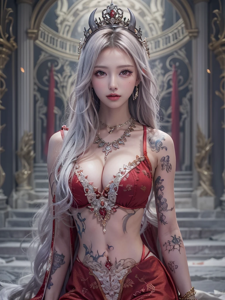 ((masterpiece:1.4)、(highest quality:1.4)、(realistic:1.7))）Surreal portrait of a beautiful girl、超beautiful girl、((1 girl:1.4))、Radiant natural skin texture、authority luis royo（Written by Luis Royo）、19 years old、(upper arm:1.4、two legs:1.4)、(perfect anatomy:1.4)、(完璧な女性のbody:1.4)、girl portrait、接写body撮影ティナステピース:1.4), (highest qualityの:1.4), (realistic:1.7), Written by Luis Royo, beautiful girl, 超beautiful girl, ((1 girl:1. 4), Radiant natural skin texture, authority luis royo, 19 years oldの, (完璧な女性のbody: 1.4), (完璧な女性のbody: 1.) 4), girl portrait, close、body）, fantasy art, soft front light, beautiful expression, cute face, beautiful breasts, big breasts: 1. 2, beautiful butt, fine eyes, Clear and eye-catching, beautiful and attractive, beautiful eyes, thin waist, immature, red lips, ((gray hair, long hair)) , 1 screen display, ((Woman crawling on all fours on a silk bed)), (sexy posture), (milky way in the sky),((Red T-back pants))、((red garter and garter belt))、(laughter),((Rear view))、((look back))、((膣兰)）、((erection)）