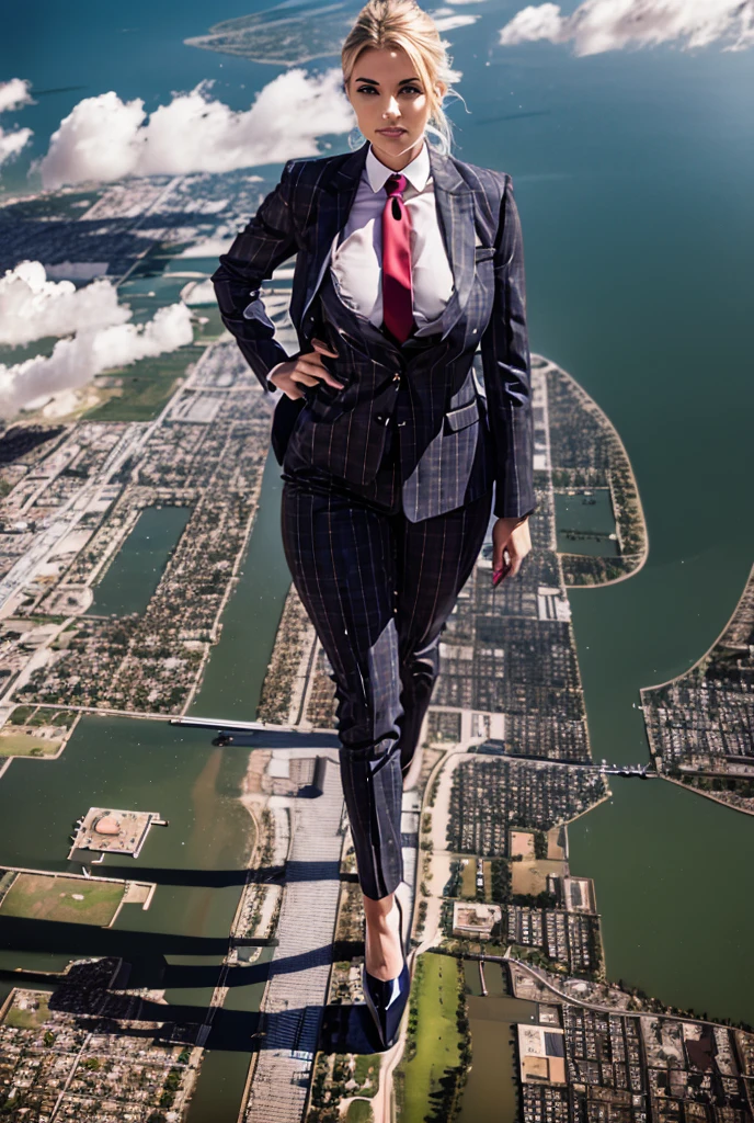 Giantess art, giga giantess in distance walking on through city, multiple women with beautiful curves, massive thighs, blonde hair, lipstick, wearing a perfect form-fitting loght grey pinstripe trouser suit and blazer, crisp white shirt, and a large blade width Windsor knot red tie, with massive breasts. She is wearing platform high heels and standing on a miniature city, with skyscrapers at her feet, smiling with her huge breasts. This image is highly detailed, photorealistic, best quality, a masterpiece, with cinematic lighting, ultra-detailed, featuring black patent Louboutin pumps, long ponytail hair with front bangs, high altitude photography, satellite view, a curvy figure, heaving bosom, legs, a mega city, urban sprawl, small towns, destruction, buildings, roads, a cloudy, overcast, hazy atmosphere, and wispy clouds.