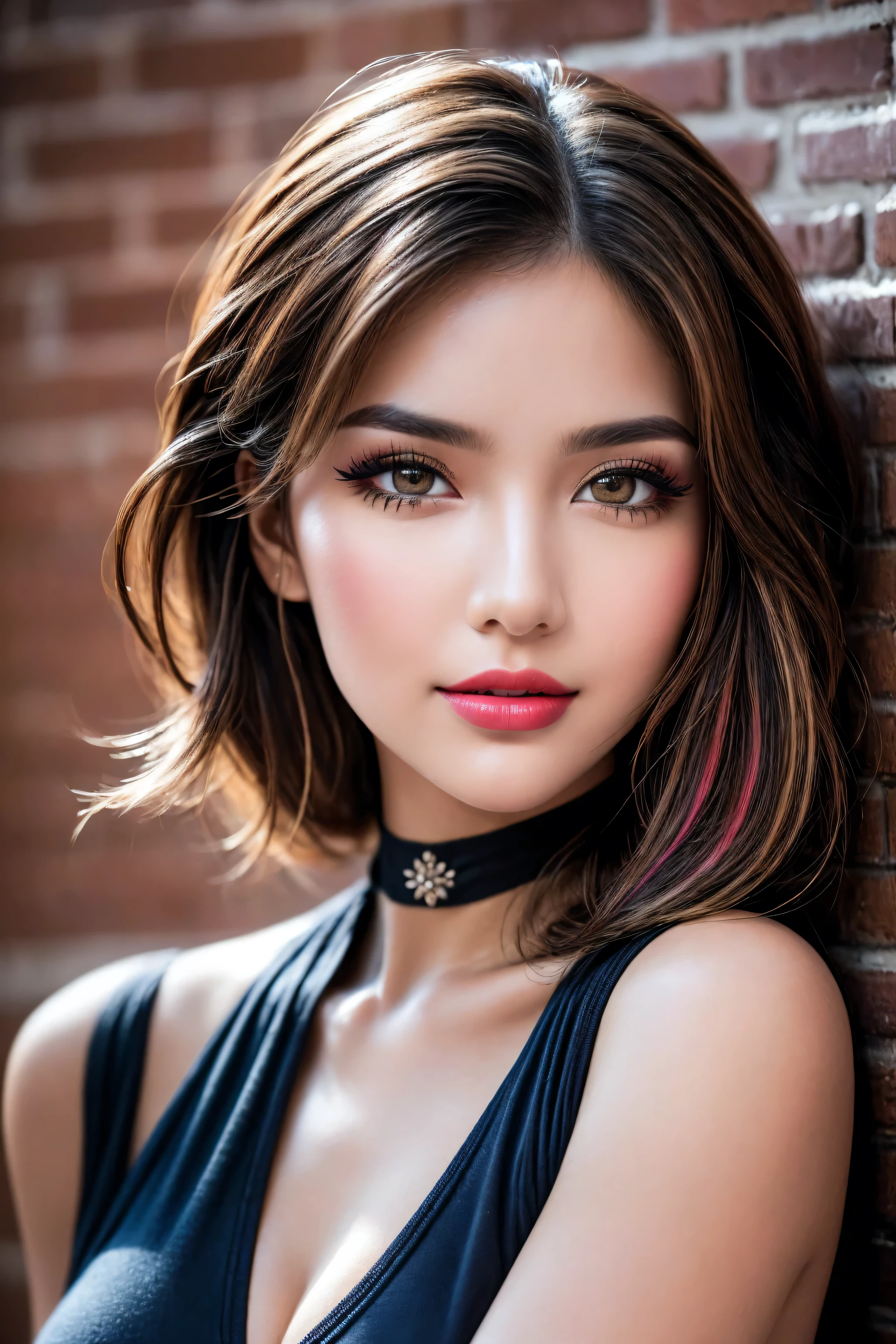 Realistic (photorealistic Realism), (high resolution), ((intricately detailed digital art)), professional photography, ((portrait)) a cute 1 Female, European, (ultra realistic texture details: velvety skin, hair),(close-up eyes:1.3),((sharp focus, not blurry, high resolution, absurd quality, Realistic brown_eyes:1.4), intricately detailed:1.3), ((extremely fine details eyes)), ((extra narrow eyebrows)), (Carefully draw Long blue_eyelashes:1.2), (perfect round eyes:1.3), (finely detailed pupils:1.3, (extremely fine details pupils:1.3)), ((extremely fine details iris of the eyes:1.4)), (Shining, mesmerizing, Vibrant eyes:1.2), (professional makeup:1.4), ((perfect dark_eyeshadows:1.45)), detailed lips:1.3, (apply glossy red_lipstick:1.3), (pink_makeup:1.28), (beautiful little nose), (perfect proportions:1.2),(small head),(anatomically correct), perfect female body, (firm and full breasts:1.2), (Super beautiful), (vivid and colorful), The attention to detail, focus of girl, dynamic pose, sexy and seductive, flirty smile, dslr, high quality split lighting, sharp focus captured by Fujifilm XT3, f 5.6, in a dramatic lighting. (perfect composition), (Style your hair, Long Hair, Blonde, My hair is messy, Red highlights, has hair on one eye), choker, ((Brick wall, Graffiti)), (oversized shirt,Outside the shoulder, transparent white shirt), exquisite balance of shadows, look at the viewer,