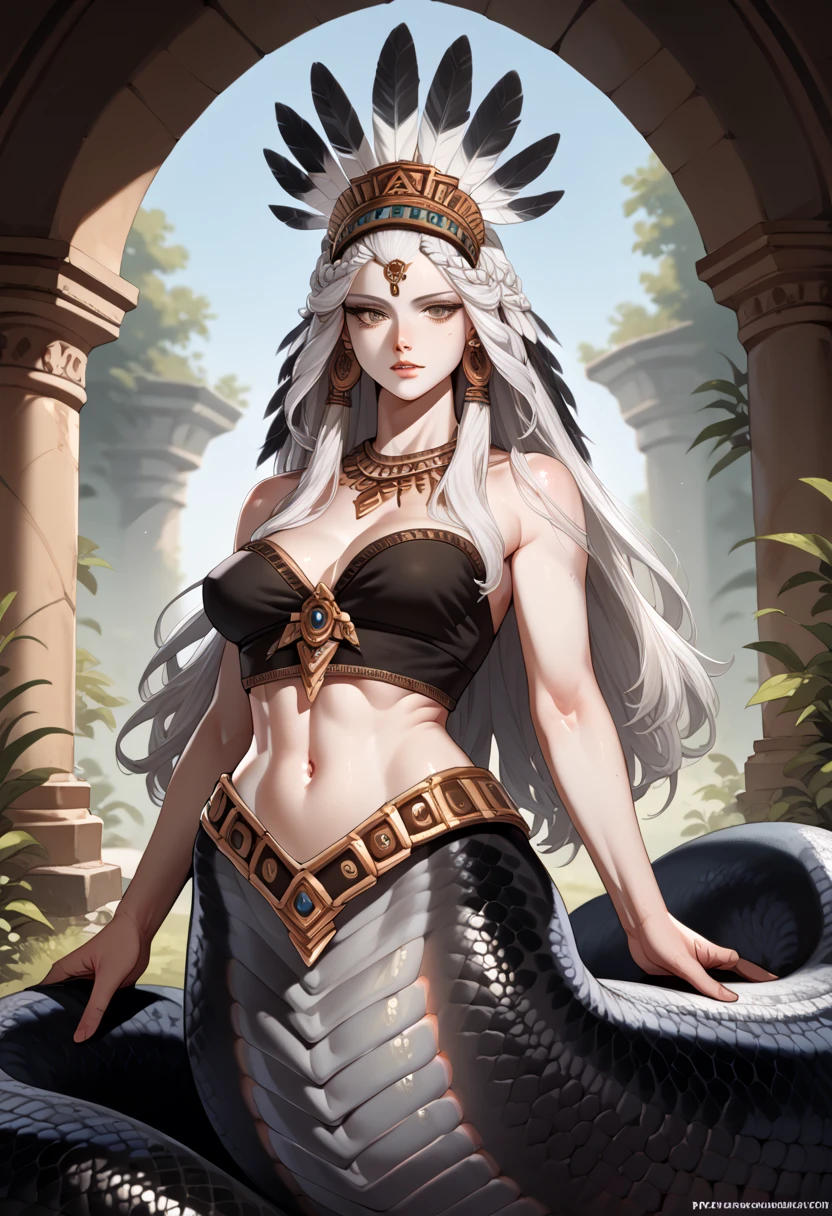 medieval fantasy, female ((lamia)), (black iris), (grey pulil), black snake tail, (long white hairs), ((very pale skin)), ((black feather headdress)), aztec, azt3ch
