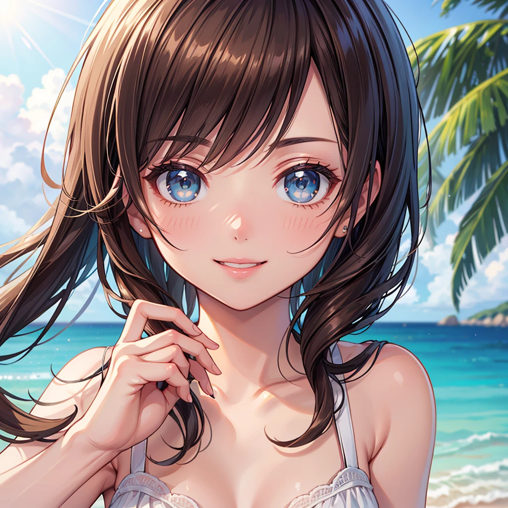 (masterpiece:1.3), (best quality:1.3), high resolution,
upper body,
leaning forward, body facing forward,
(one cute girl:1.3), solo,
white skin, small Breast, eight-headed person,
light brown hair, long hair, straight hair, (blunt bangs:1.2), beautiful hair, green eyes, drooping eyes, beautiful detailed eyes,
cheerful smile,
bikini,
outdoors, ocean, beach,
shadowlighting,