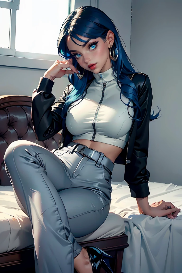 Goddess ((goddess-like woman)), slim elegant silhouette, masterpiece, (close angle), best quality, cute face, (masterpiece:1,2, best quality), (real picture, intricate details), ( 1 lady, solo, medium tits, narrow waist), BLUE HAIR, long blue hair, aqua eyes, she has an impressive presence., bracelet, hoop earrings, jewelry, beautiful face, beautiful eyes, Businesswoman, dressed appropriately for work, she Wears a black Velvet Tracksuit and planto high heels, v3lv3tj0gg3r, mint velvet jacket, black velvet jacket, open jacket, closed jacket, white shoes, midriff, velvet pants, white crop top, high-waist pants, black velvet pants, high heels, sexy high heels, heel 15 cm, sweet irresistible smile, elegant pose, elegant hands, beautiful hands, perfect fingers, background: Hospital, hospital room, minimalist furnished room, stiry room, simple room. bokeh