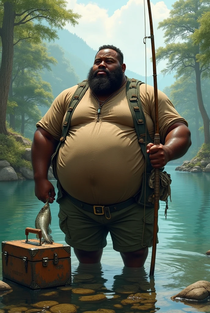 One boy, beard, Glasses, obesity, Explorer, jungle, Lush, mysterious, ancient ruins, (Vintage Gear), (Machete), Big tree々, Sunshine pours in, Animals in the wild, Dark green leaves, Vines, Labyrinthine, adventure, discovery, full body
