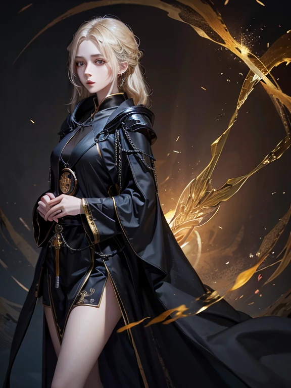 Runic Background、Wearing a black robe、Mage's Clothing、golden hair color、look at the viewer、masterpiece、cute woman、Wearing elegant school clothes